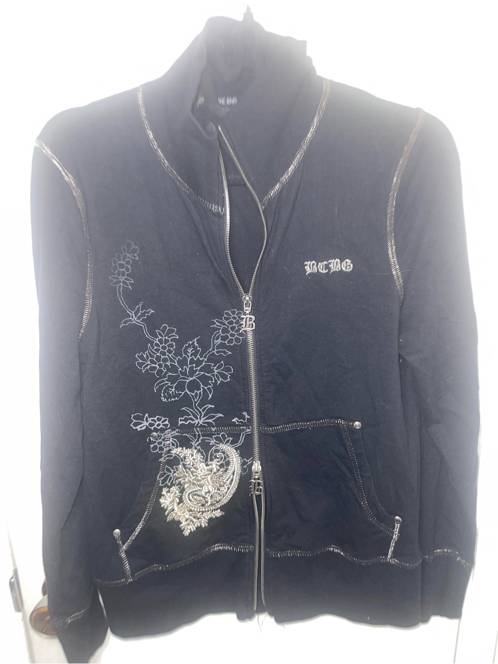 EUC BCBG Black Embroidered Zip-Front Jacket